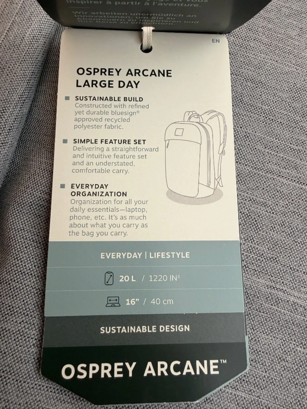 $110 Osprey Arcane Large Day Commuter Travel Backpack Grey Laptop Sleeve 20L 16